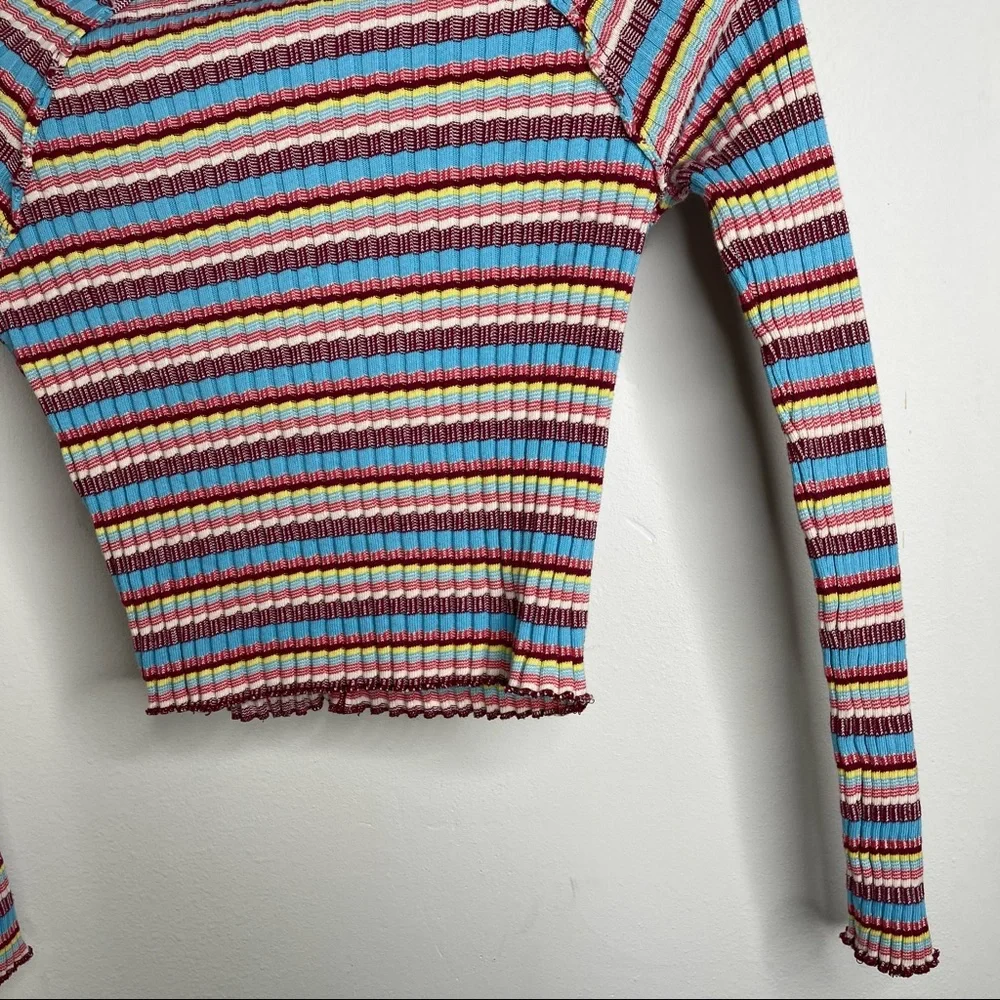 Free People Retro Mirror Blue Striped Mock Neck Ribbed Long Sleeve Crop Top Sz S - Picture 10 of 16